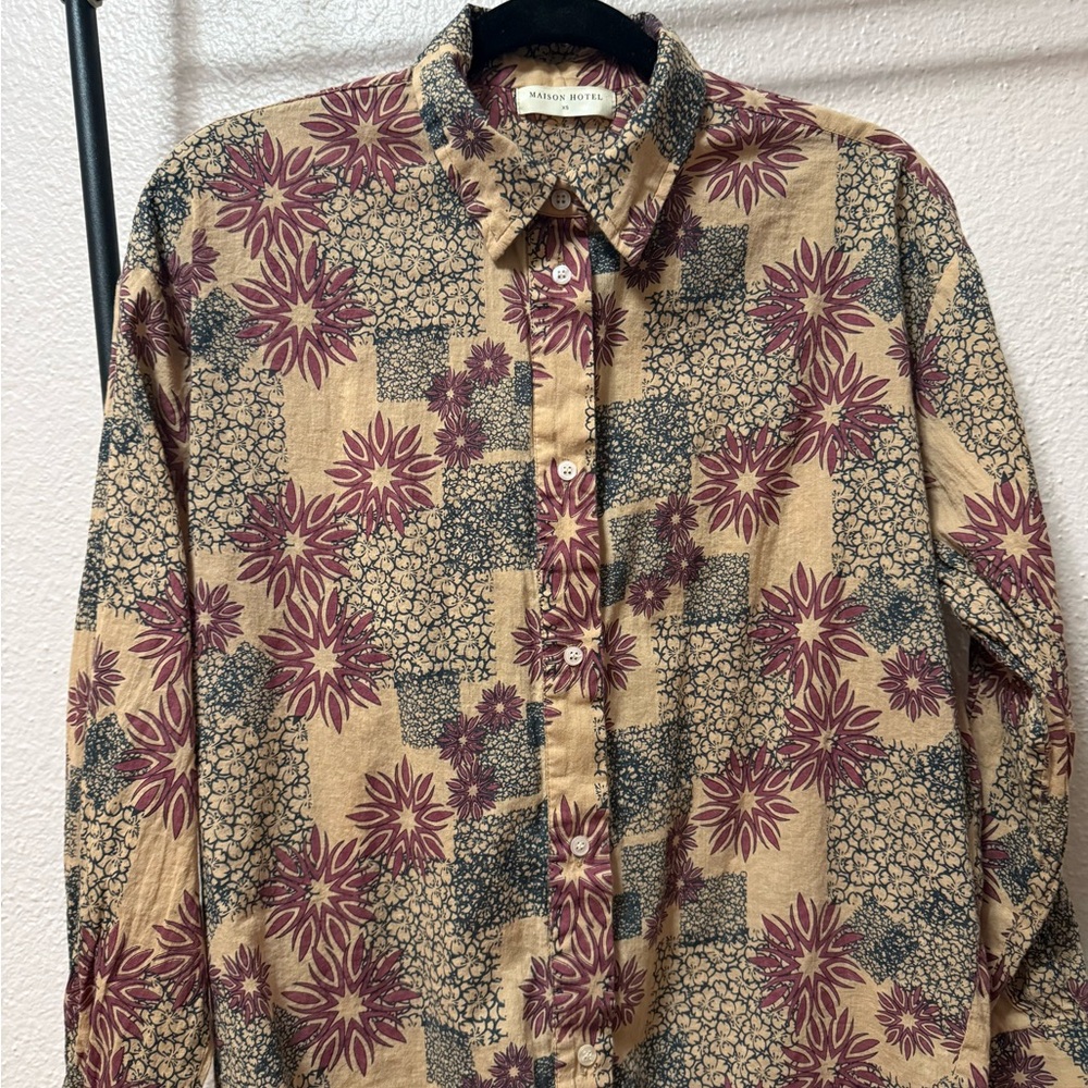 Maison Hotel Patterned Button Down Shirt - Peach and Burgundy